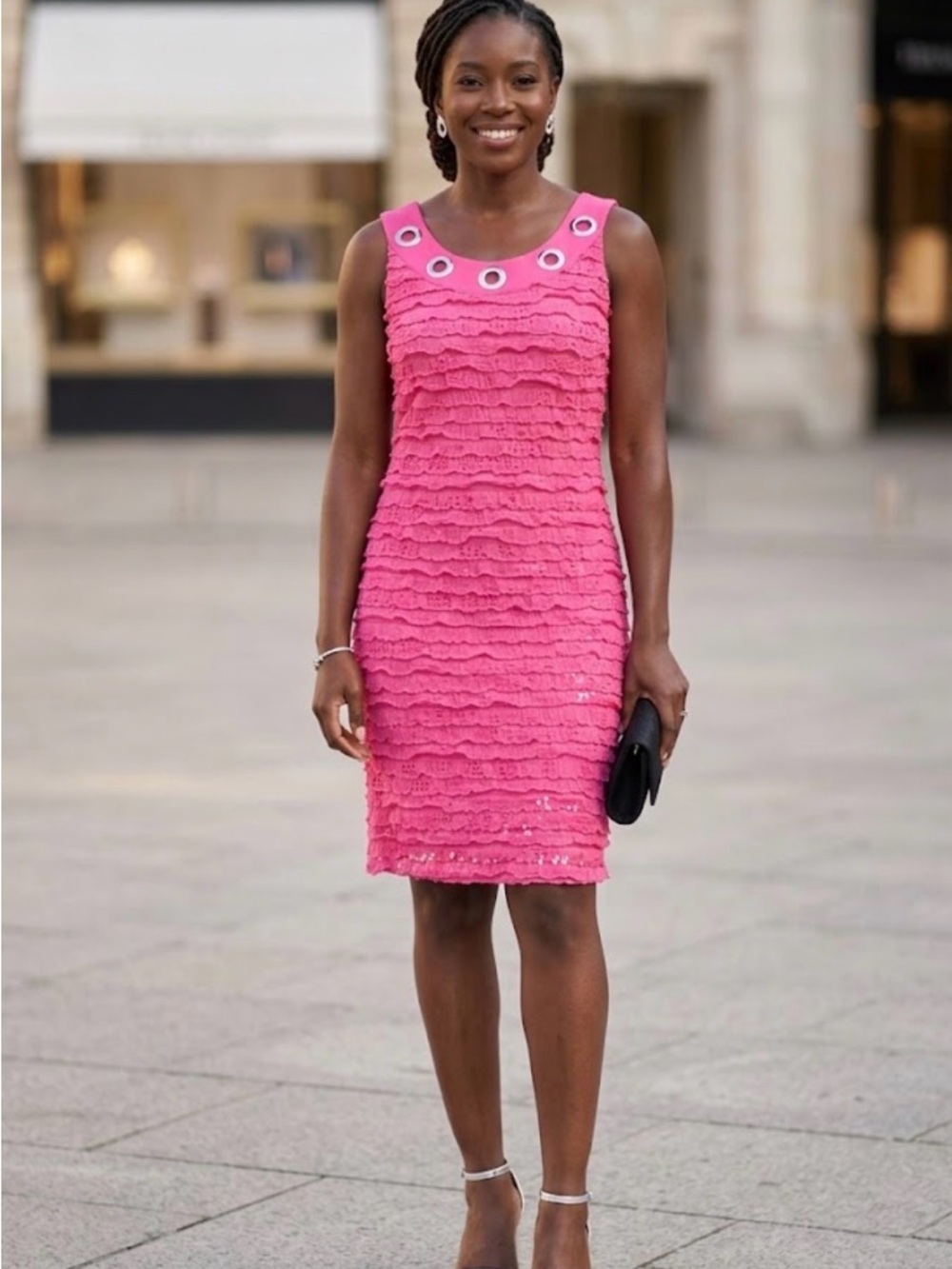 Frank Lyman Design Hot Pink Ruffled Sheath Dress with Eyelet Neckline